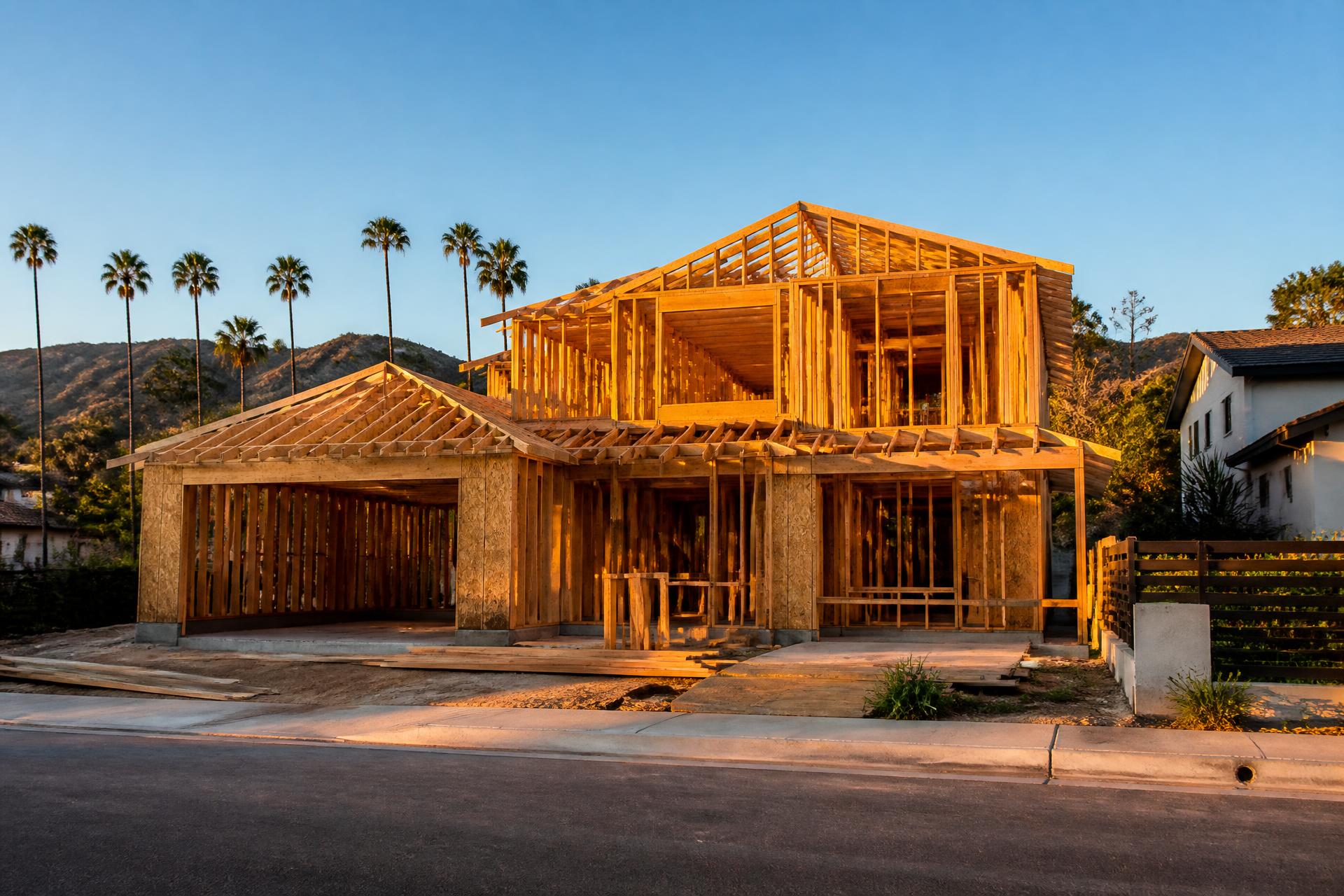 Custom home under construction with wood framing in Sun Valley, CA
